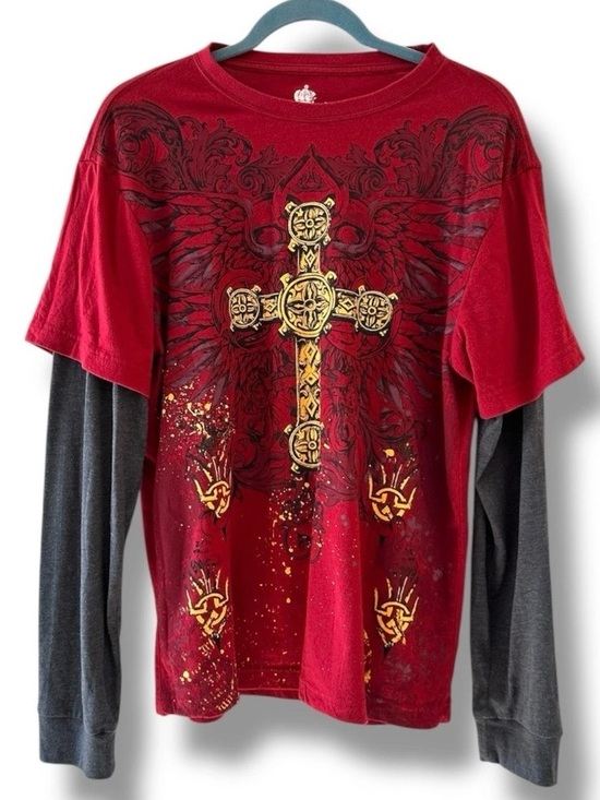 Helix Other - Helix Red Cross Wing Double Layer Long Sleeve Shirt Men's Size Medium Cyber Y2K